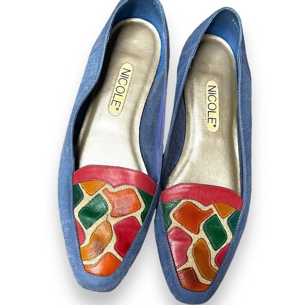 Nicole Taylor Denim Flats Womens 8 M Multicolor Giraffe Colorblock 1980s Vintage